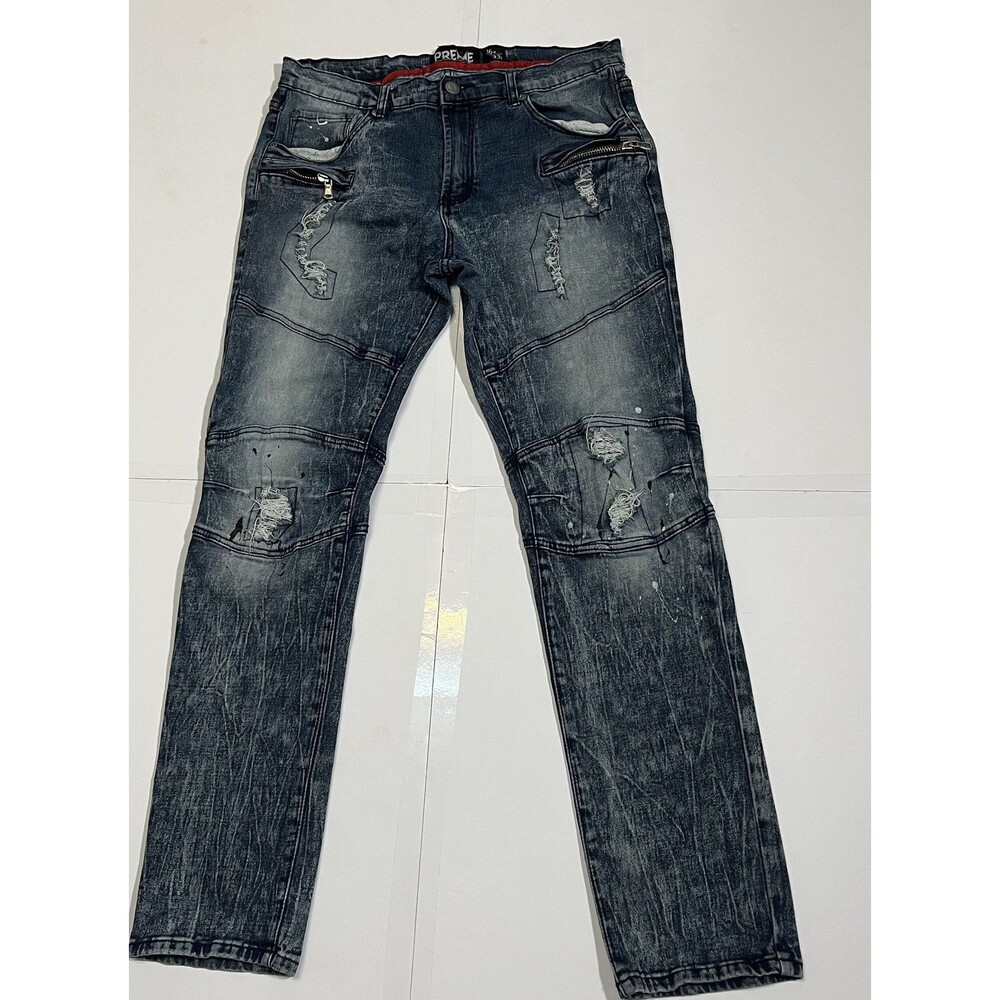 PREME Mens Blue Distressed Moto Jeans 36x33 Ripped Zip Pockets Paint Splatter